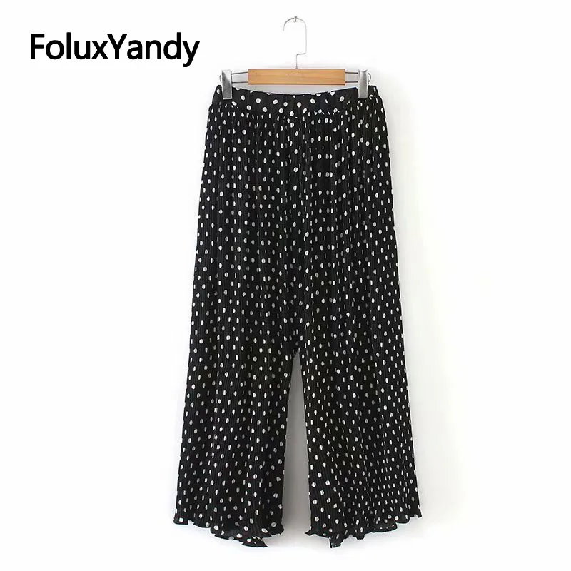 

Dot Loose Women Wide Leg Pants Plus Size XXXL 4XL Casual Elastic Waist Pleated Pants Trousers Black KKFY3316