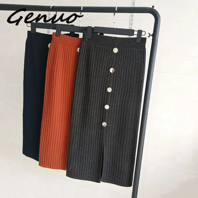 Genuo Новинка, женская трикотажная длинная юбка, Осень-зима, повседневная женская плиссированная элегантная юбка с пуговицами, Женская юбка для девочек
