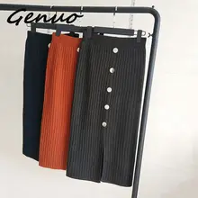Genuo Новинка, женская трикотажная длинная юбка, Осень-зима, повседневная женская плиссированная элегантная юбка с пуговицами, Женская юбка для девочек
