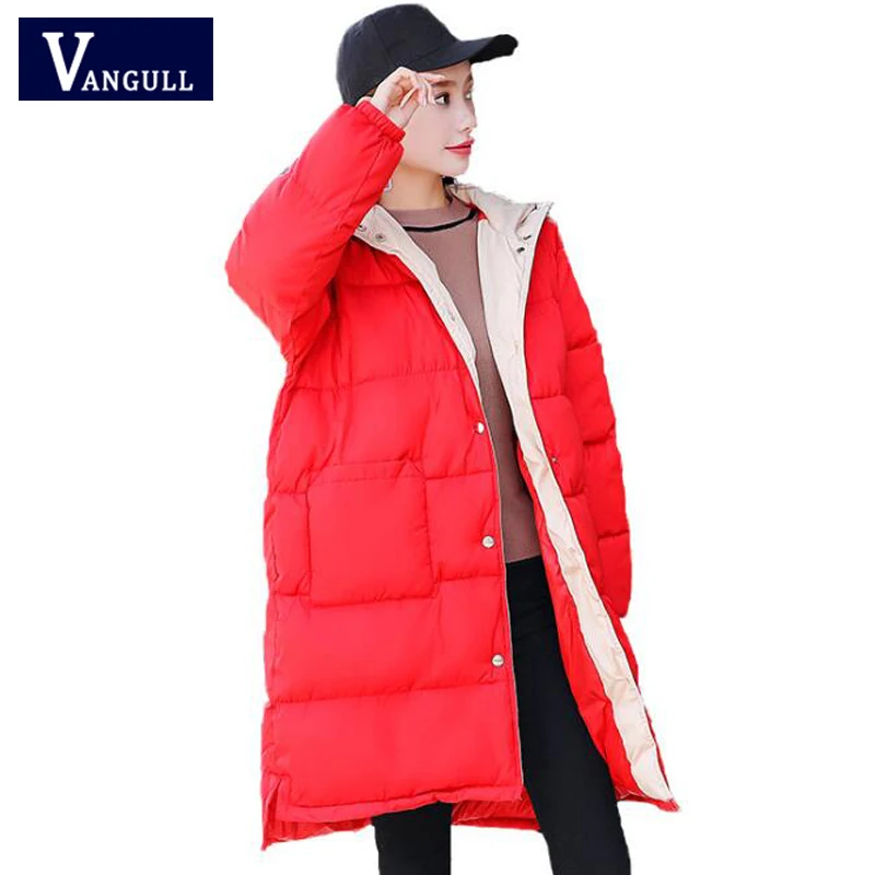

VANGULL Winter Long Coat Women Parka Warm Hooded Jacket 2018 New Female Fashion Color Block Single Breasted Outwear Long Parkas