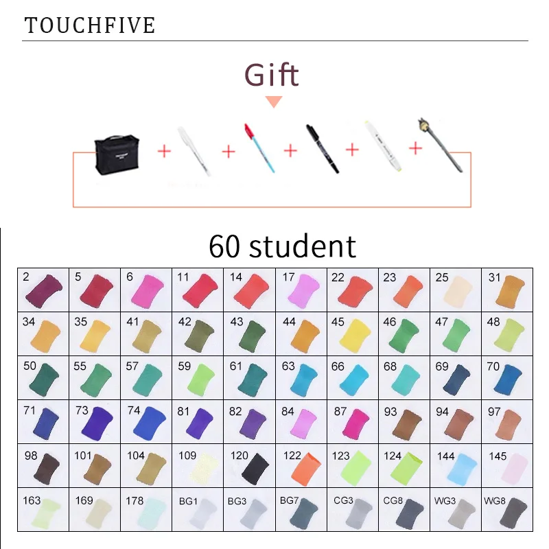 TouchFIVE 20 Вт, 30 Вт/40/60/80 Цвет маркеры манга рисунок Маркеры Ручка на спиртовой основе эскиз жирной двойной кисть товары для рукоделия - Цвет: 60 STUDENT