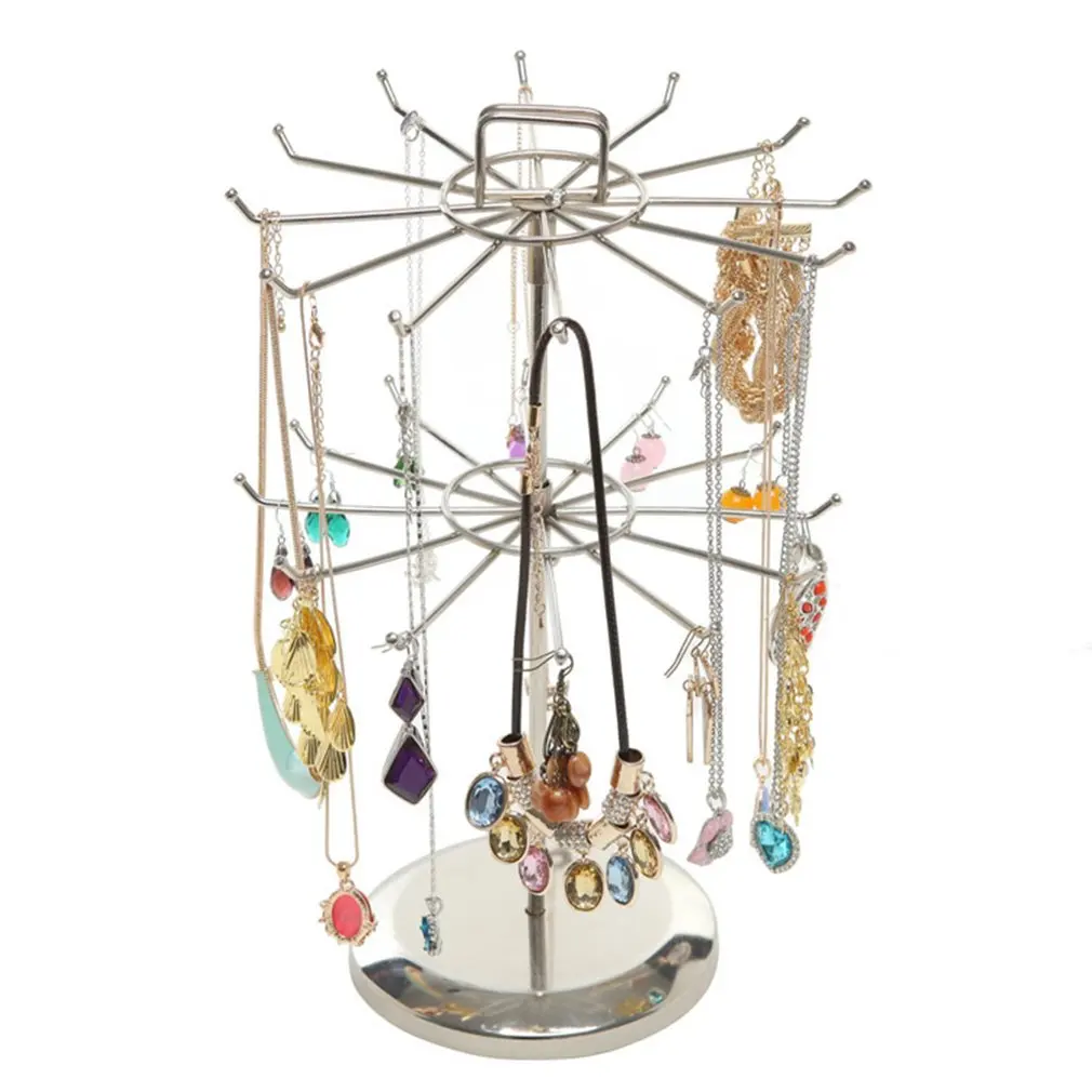 

Multifunction Two Layer Metal Necklace Chain Bracelet Holder Jewelry Display Stand Rack Hanger Organizer Rotatable Show Rack