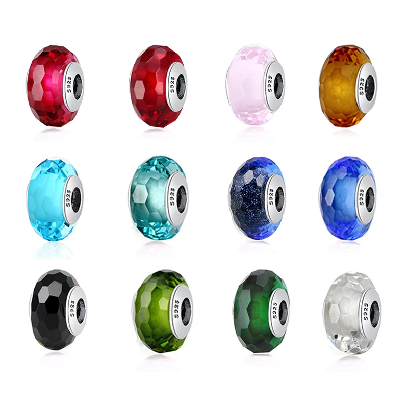 

2018 Authentic 925 Sterling Silver Teal Faceted Lampwork Murano Glass Beads Fit Original Pandora Bracelet Bangle DIY Jewelry