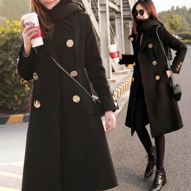 Шерстяное пальто женское зимнее черное элегантное шерстяное пальто двубортное с длинным рукавом тонкое шерстяное теплое пальто