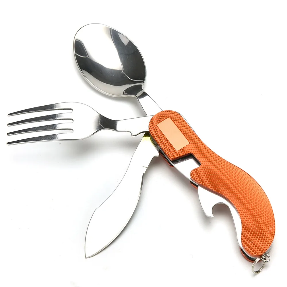 1 uniunid 3in1 portátil Multi bolsillo plegable cuchillo tenedor cuchara Camping senderismo Exterior Herramientas cubertería rojo oro colores al por mayor