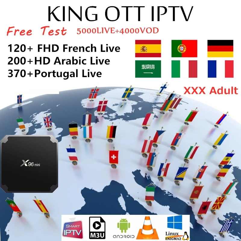 

KING OTT French iptv Subscription for France Arabic Spain Portugal Nordic Support Adult M3u Enigma2 Smart X96MINI Android TV Box
