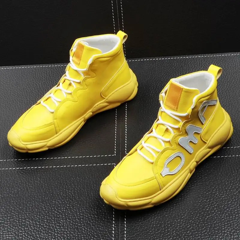 

ERRFC Fashion Forward Men Yellow Casual Shoes High Top Round Toe Flat Platform Letter Man White Leisure Shoes Hombre Zapatos 43