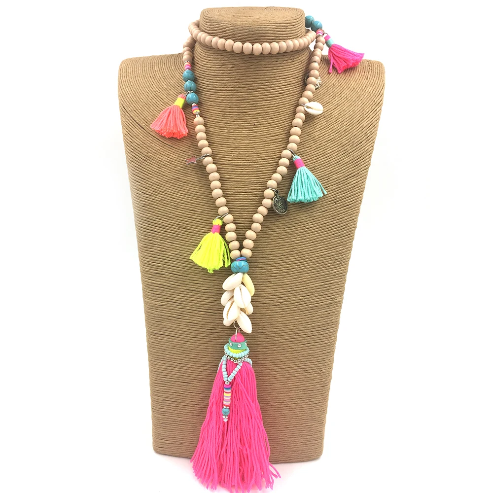 

New Bohemia Boho chic wooden beads Necklaces colorful tassel pendants long necklace statement Necklaces
