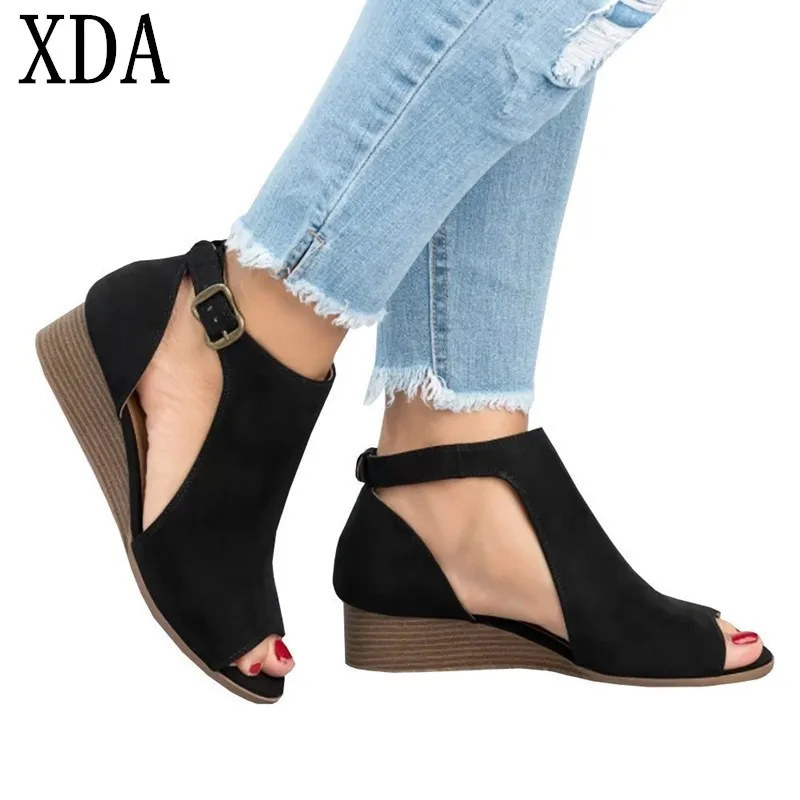 

XDA Women Sandals 2019 New Wedges single Shoes For Women Summer Sandals Casual buckles Sandals Shoes Female Wedge Roman Sandals