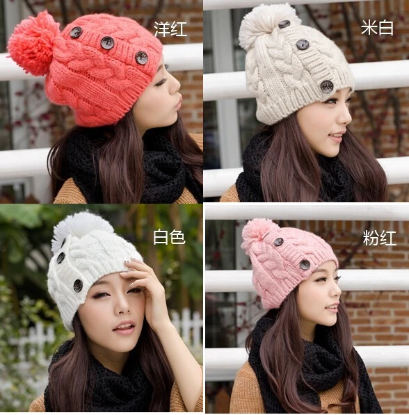

free shipping warm winter fashion female hat knitting beanies with 3 buttons winter knitted hats wholesale