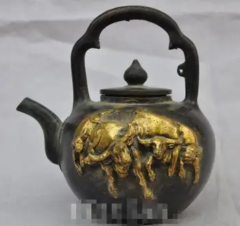 

Chinese Bronze gilt zodiac bull oxen animal Wine Tea Flagon Claret Jug statue