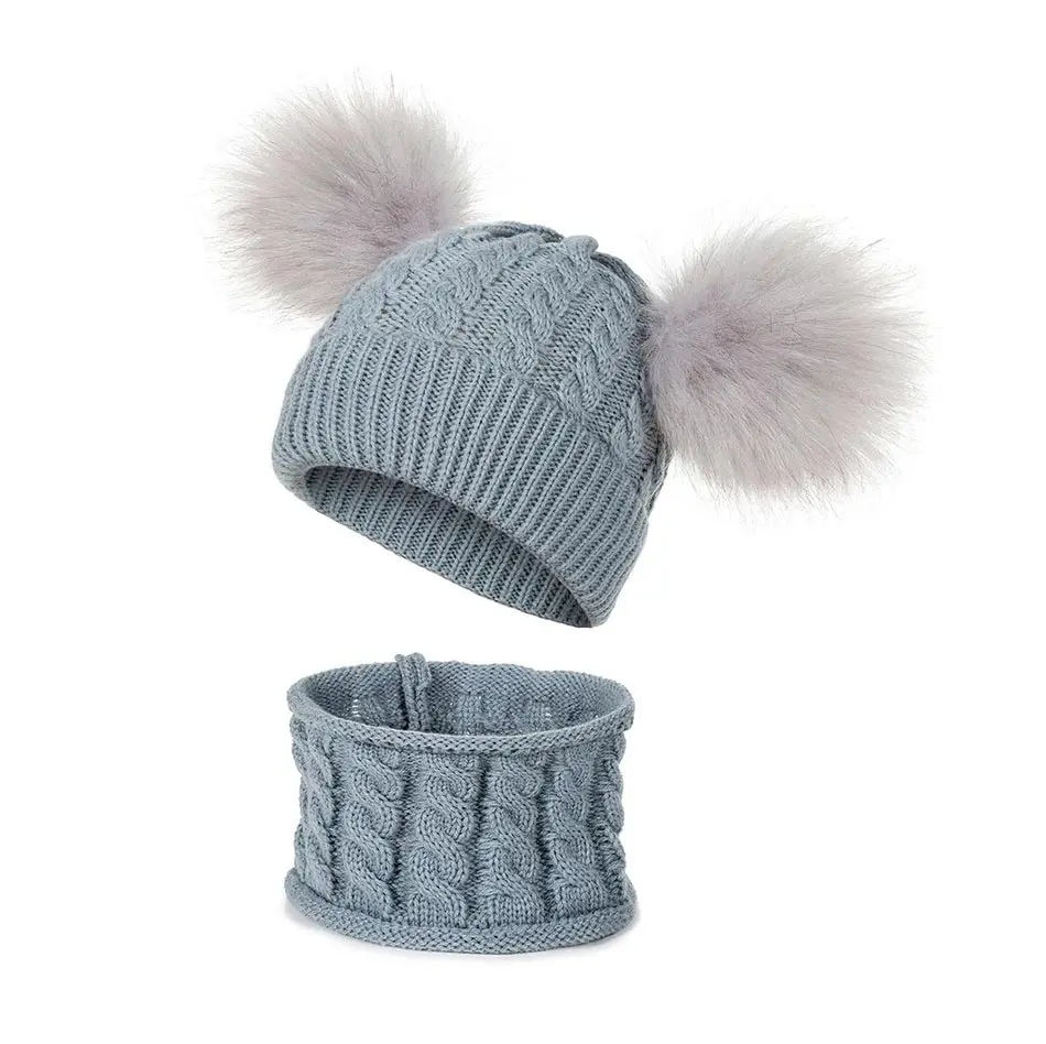 New Arrival Children Winter Thicken Braided Knitted Hat Scarf Set Solid Color Cute Fluffy Pompom Ball Beanies Scarf Set