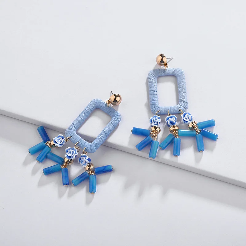 

2019 Spring Designs Fashion Bijoux Jewelry Raffia Ribbon Wrapped Resin Flowers Drop Earrings Women Statement Earring