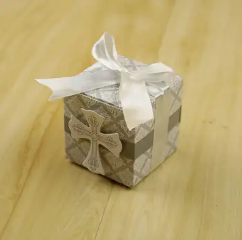 

25pcs/lot Communion cross candy box Christening baby shower wedding party bomboniere wrap holders with ribbons