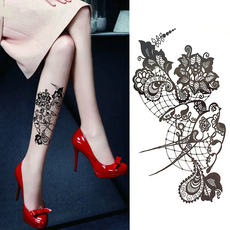 

1PC Sexy Lace Hot Black Sea Swallow Flower Henna Temporary Tattoo Black Mehndi Style Waterproof Tattoo Sticker