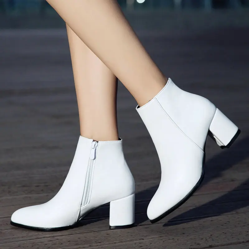 Autumn Winter Fashion Women's Ankle Boots | Chunky High Heel Pointed Toe Booties with Zipper image 5