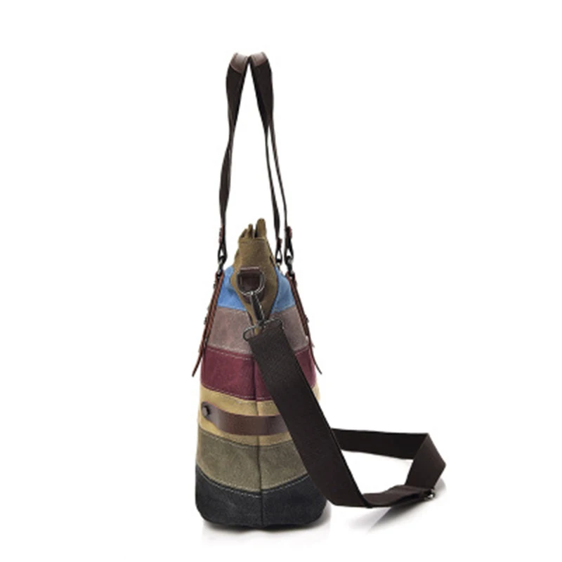 Canvas contrast color shoulder slung female ladies bag Korean version of canvas color striped portable contrast color bag