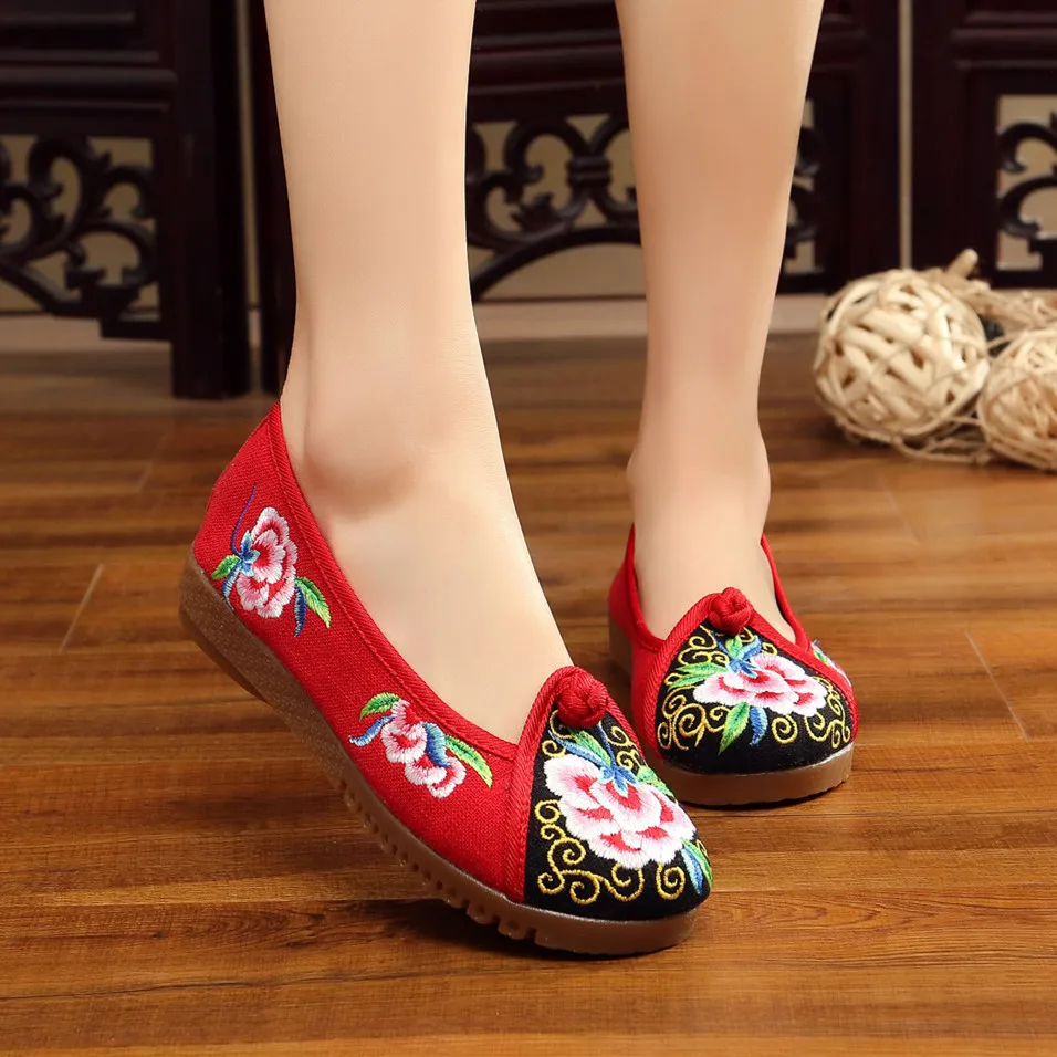 Женские парусиновые туфли на плоской подошве с вышивкой в национальном китайском стиле; лоферы с цветочным принтом контрастного цвета; повседневная обувь на платформе; слипоны; большие размеры 34-43