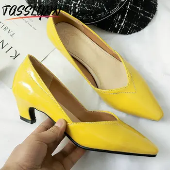 

TASSLYNN 2019 Women Pumps Patent Leather Party Pointed Toe Slip-On Wedding Shoes Square Med Heels Luxury Shoes Women Size 34-43