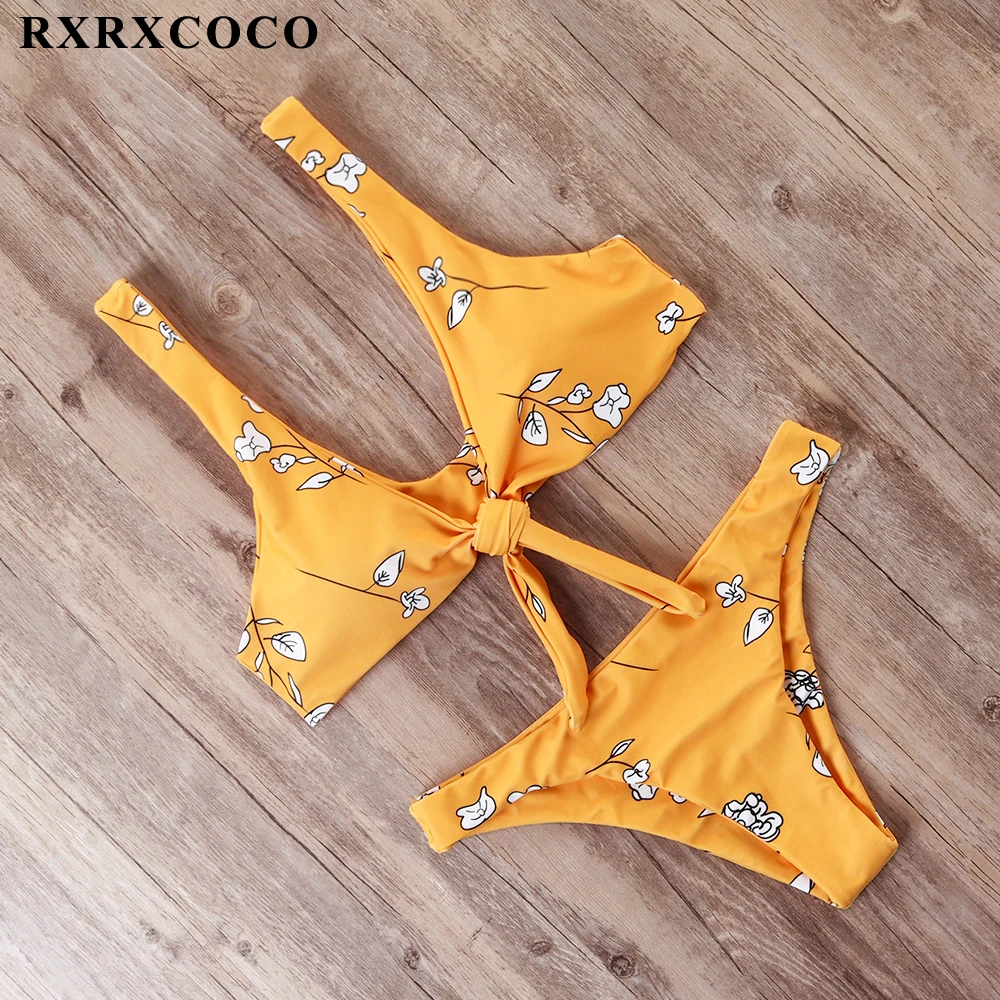 RXRXCOCO Bandage Bikini 2019 Printed Swimwear Women Swimsuit Solid Hollow Out Bathing Suit Low Waist Bikini Padded Push Up Badpa