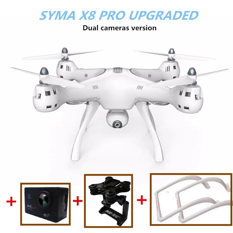 SYMA X8 PRO GPS Drone Rc Quadcopter Auto Return With 1 stock Camera and one 4k HD Action Camera Dua