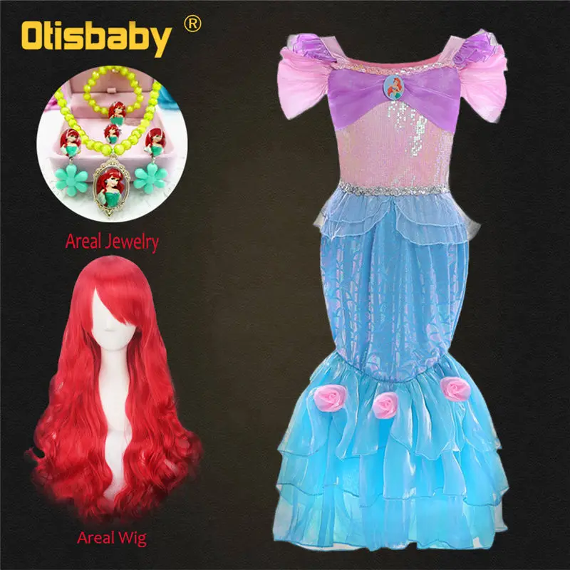 

The Little Mermaid Halloween Costume Christmas Girls Fancy Princess Ariel Dress Summer Children's Evening Party Dress Ariel Wig