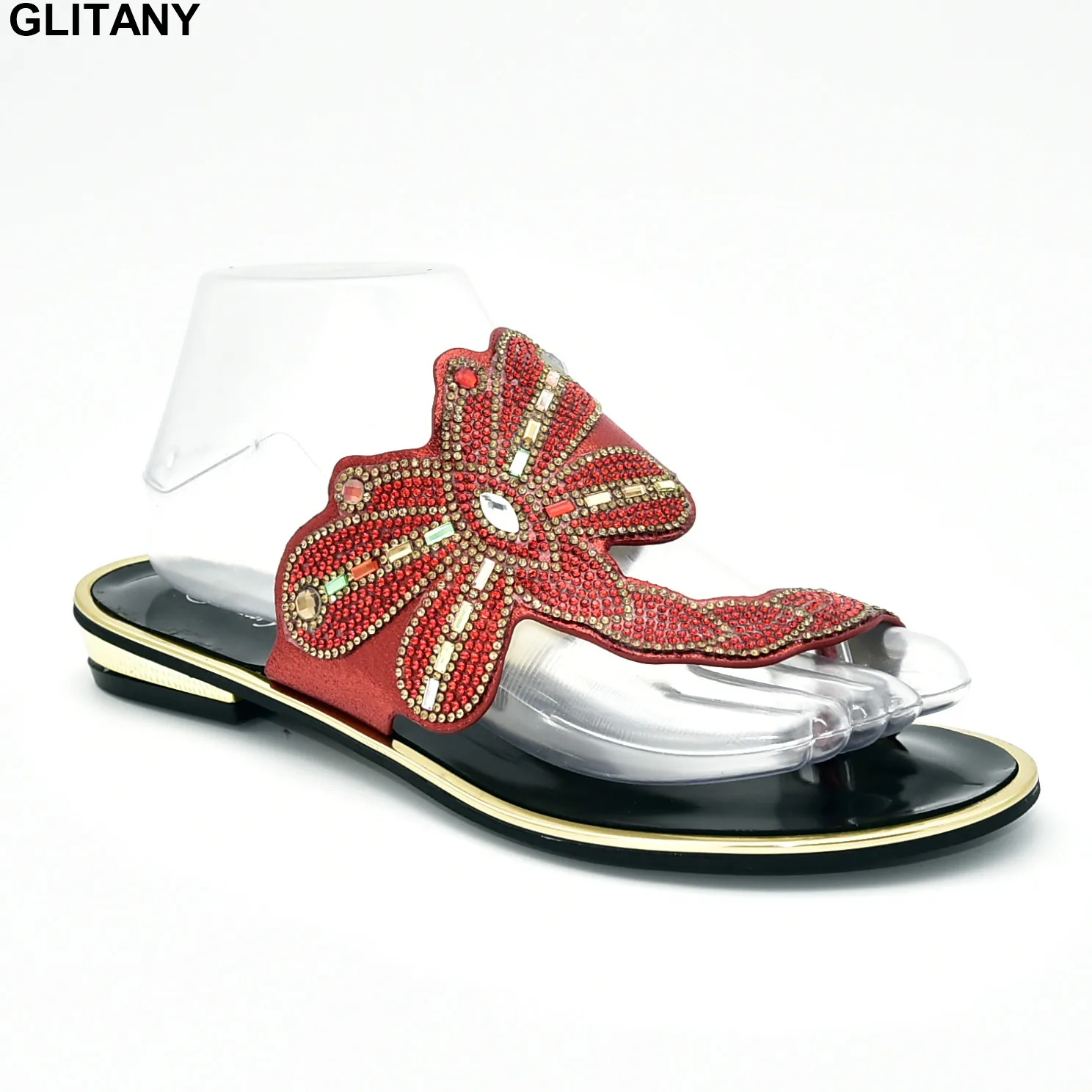 

New Fashion Plus Size Shoes Women Low Heel Pumps Elegant Crystal Shoes Decorated with Rhinestone African Party Pumps Slip On