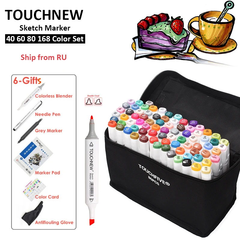 

TOUCHNEW 40/60/80/168 Color Marker Pen Set Animation Design Sketch Markers Alcohol Based Art Pens With 6 Gifts Ship from RU