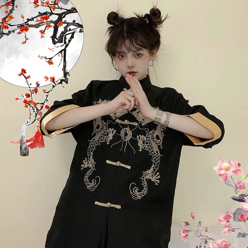 Vintage Women Blouse BLACK Embroidery Dragon Chinese Style Shirt Spring Summer Loose Tops Jacket Cosplay Hanfu Tang Clothes