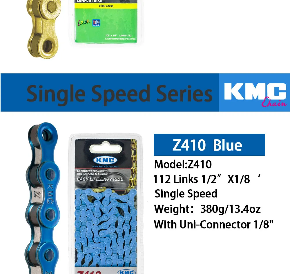 Excellent KMC Z410 1/8 Single Speed Chain Fixed Gear bicycle Chain 112L Urban Leisure Bike Folding Bike Chain Multi-Color  Bike Chain 390g 18