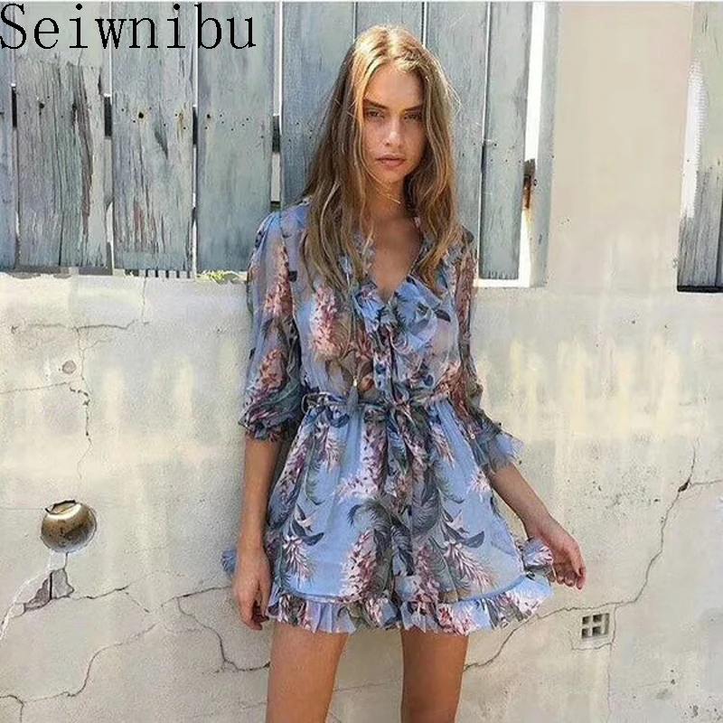 

Seiwnibu High Quality 2018 Sexy Women Runway Print Elastic Waist Rompers Summer Flare Long Sleeve Loose Boho Beach Jumpsuits