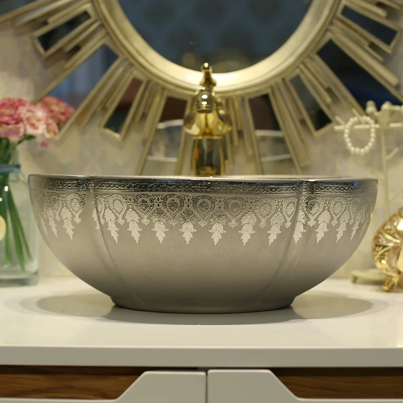 Flower Counter Top Wash Basin Cloakroom Hand Painted Vessel Sink bathroom sinks silver counter washbasin LO741108