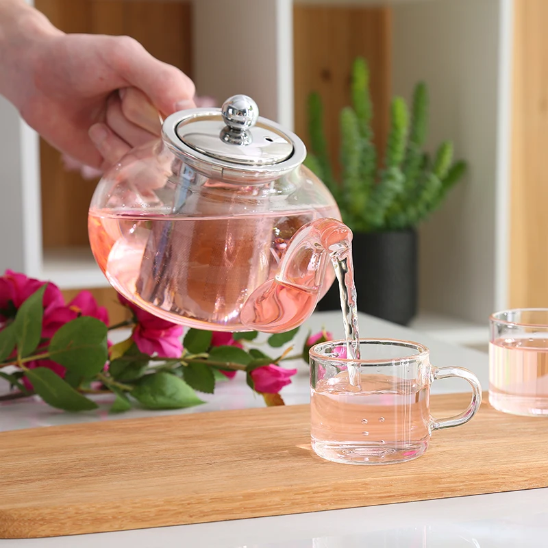Besto nzon 1000 ml cristal tetera tetera Jarra de cristal Acero Inoxidable con colador de té Infuser resistente al calor para té café té Flores rosas transparente