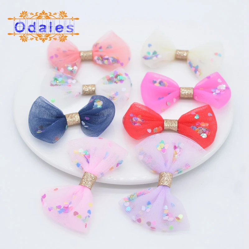 24Pcs Upscale Heart Sequin & Mesh Chiffon Bow Tie Patches Stick-on Applique for Headwear Crafts Lovely Hairpins Hair Accessories