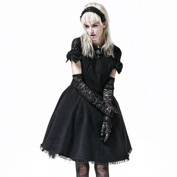 

Fashion Gothic Lolita Princess Bow Tie Dress Steampunk Black Short Sleeves Worsted Dress Sweet Cute Party Dress