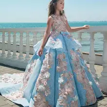 Роскошное голубое Пышное Платье для девочек; бальное платье с цветочной аппликацией; детское платье для дня рождения, свадьбы, вечеринки; платье принцессы на заказ