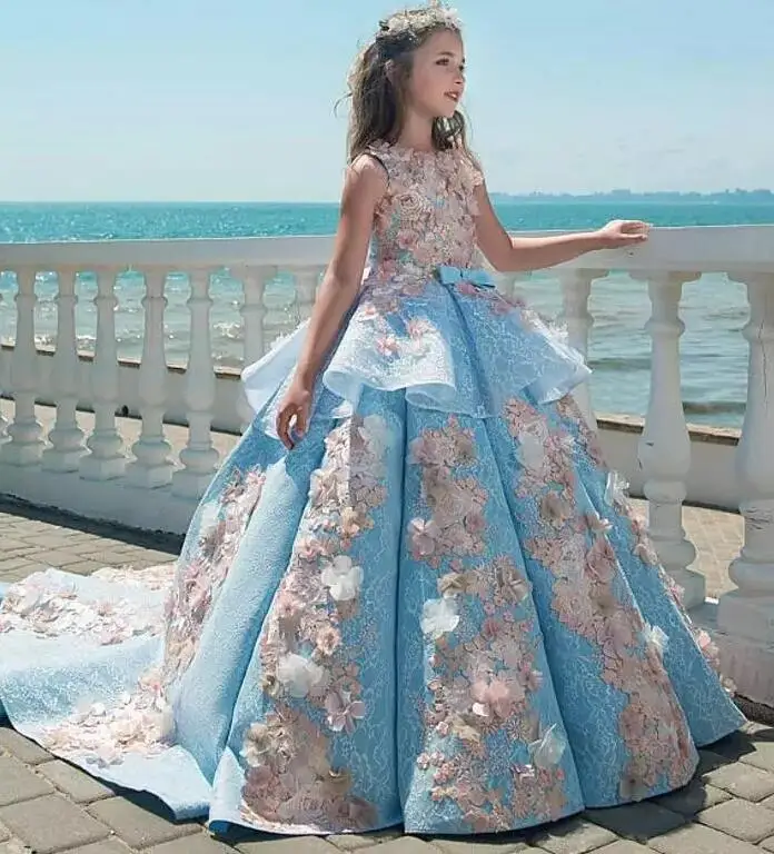 Luxury Blue Girls Pageant Dress Ball Gown With Floral Appliques ...