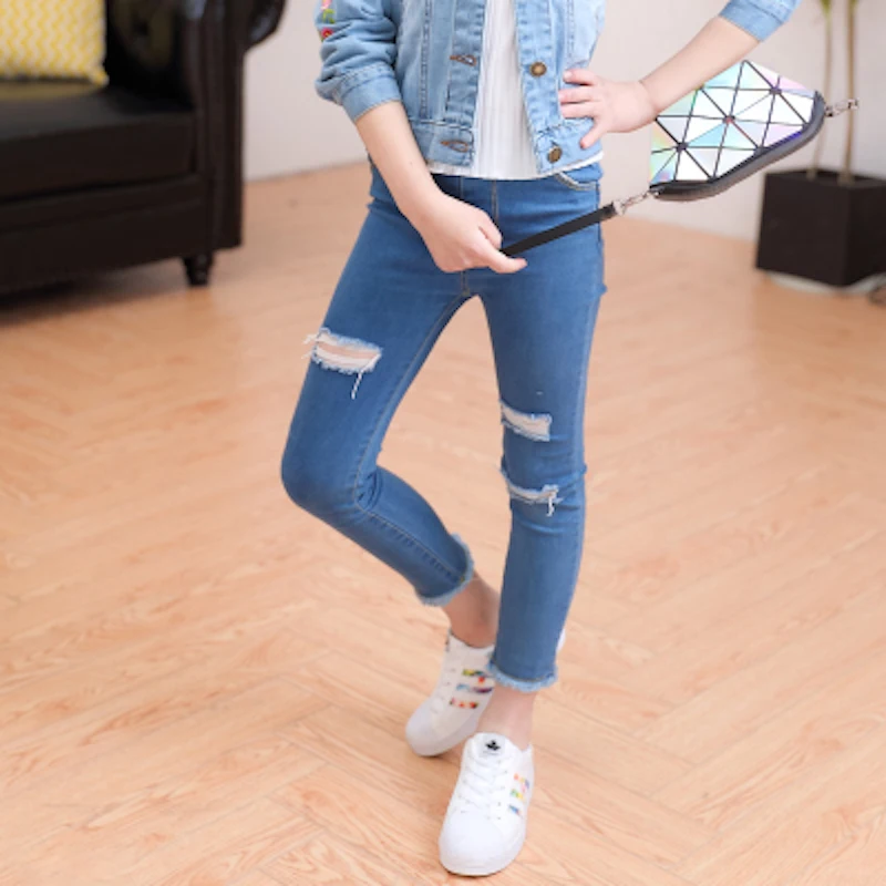 Girl Skinny Ripped Jeans Teenage Girl Denim Pants Leggings Cotton Elasticity Jeans for Big Girls Pants Casual Trousers 3y-15y