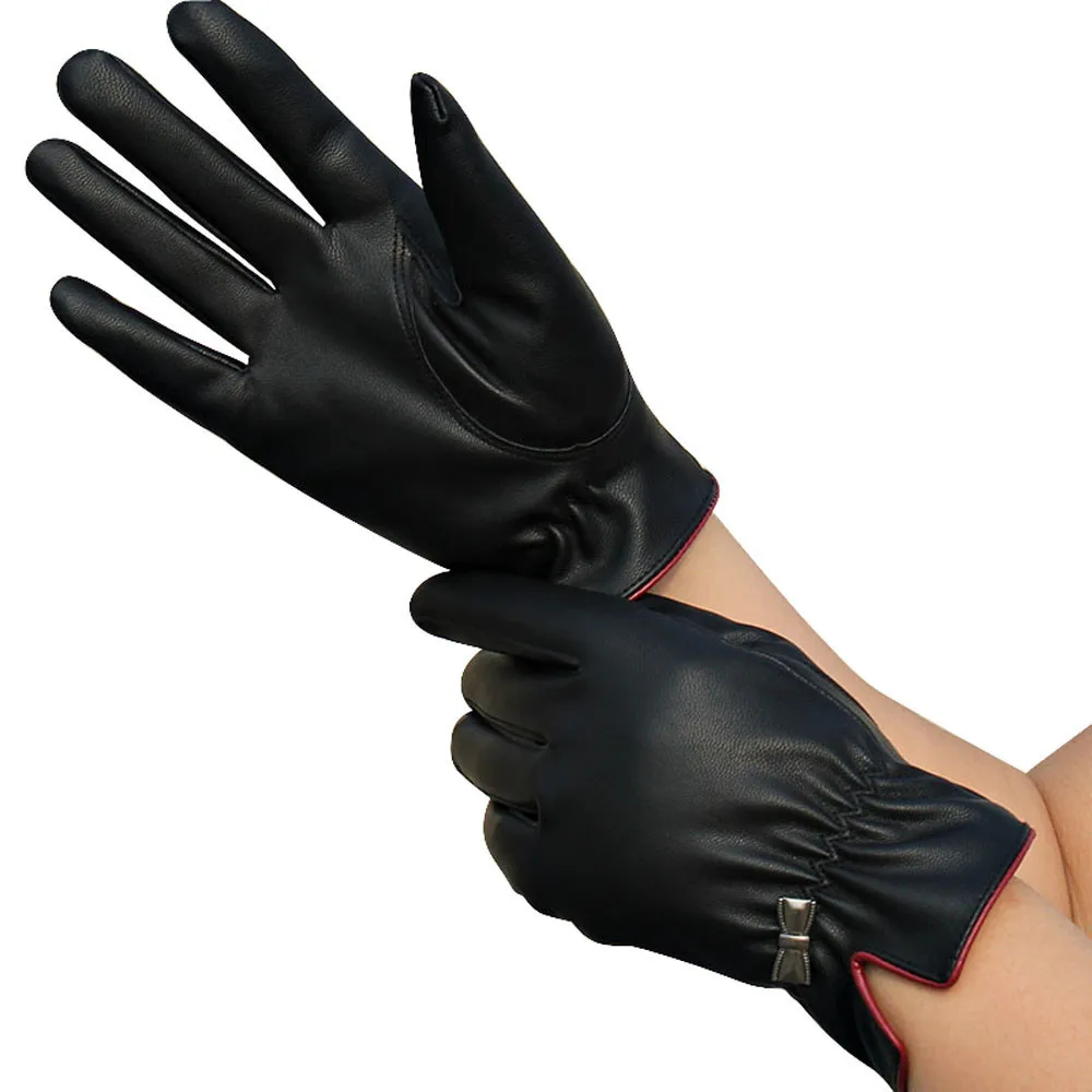 2018 женские перчатки митенки Новый 1 пара s мужские черные из искусственной кожи с бантом Сенсорный экран пальцев зимние теплые PSEPT1