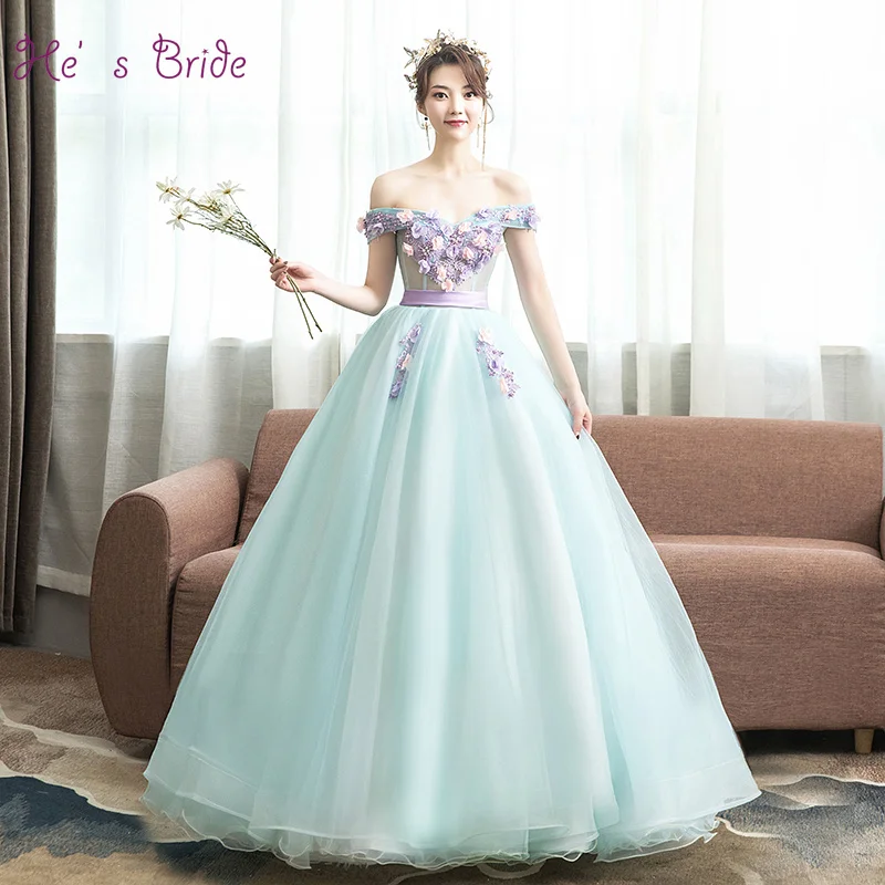

He's Bride Light Blue Prom Dress Off Shoulder Applique Floor-length Lace Up Back Ball Gown Formal Party Prom Dresses