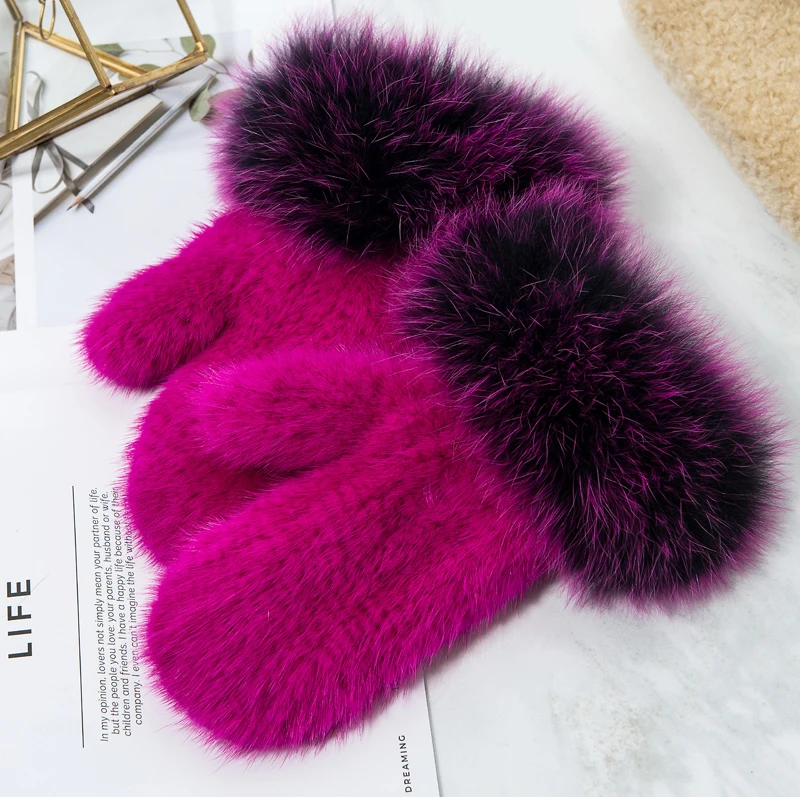 Glaforny брендовые модные зимние женские перчатки из натуральной натуральный мех норки перчатки вязаные варежки толстые теплые меховые перчатки s& варежки - Цвет: hot pink