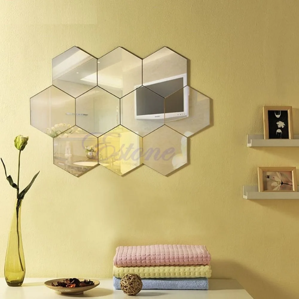 Hexagon Mirror Style Silver Removable Decal Vinyl Art Wall Sticker Home