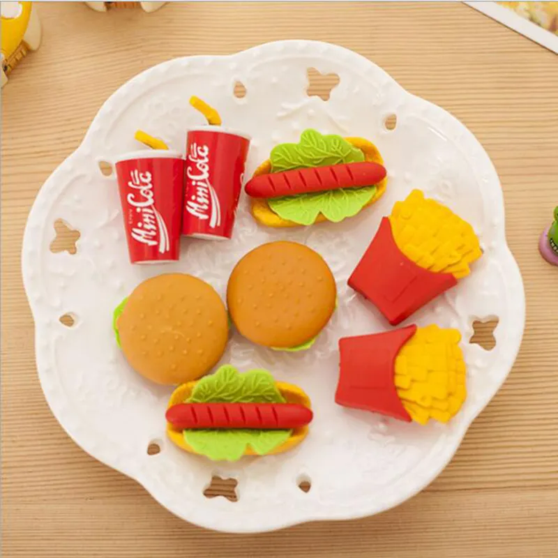 Hottest 4Pcs Cake Hamburger Food Drink Fruit Rubber Eraser Set School Stationery 