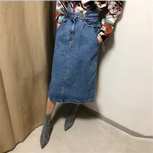 Limiguyue женская джинсовая юбка с высокой талией уличная прямые свободные джинсы юбка с рюшами Повседневная дизайнерская Длинная женская юбка T467