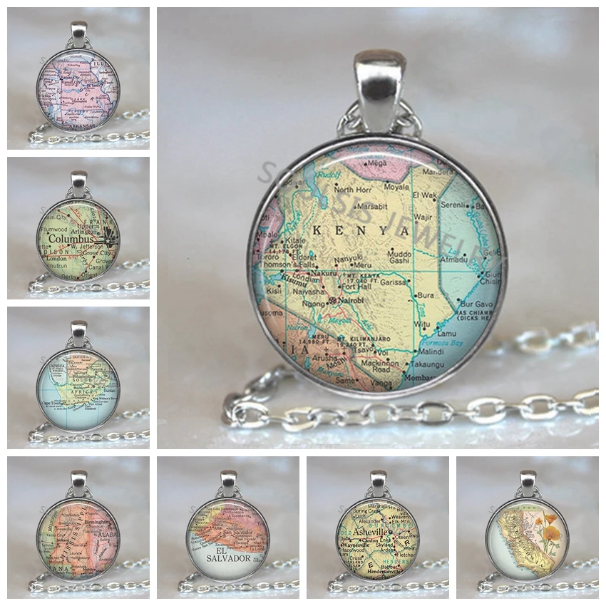 

New Arrived Glass Dome Necklace World Map Pendant Silver Chain Jewelry Kenya Vintage Map Handmade Glass Cabochon Necklace
