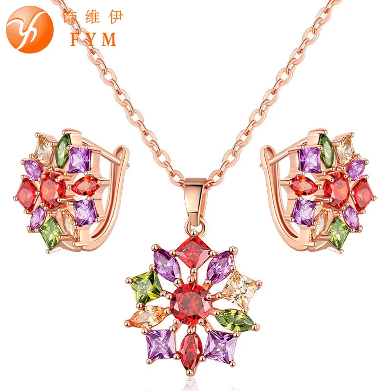 

FYM Luxury Anniversary Colorful Zircon Jewelry Sets For Women Rose Gold color inlay CZ Pendant Necklace & Earrings Jewelry Sets