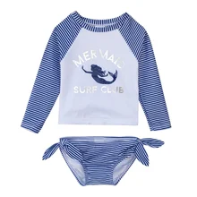 Раздельный купальник для маленьких девочек; купальный костюм в темно-синюю полоску с защитой от солнца; UV50+ пляжный купальный костюм