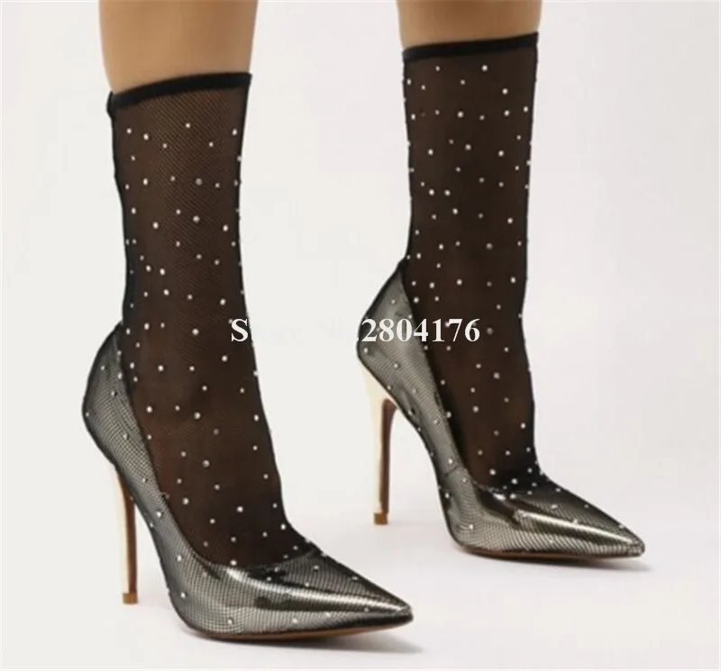 Women Elegant Pointed Toe Mesh Cade Stiletto Heel Short Boots Sexy Sock