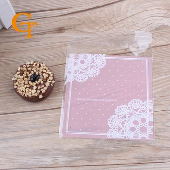 

pink lace self adhesive seal food/candy/bread/cookie packing bags, wedding party favor gift packaging plastic bags 10*10cm