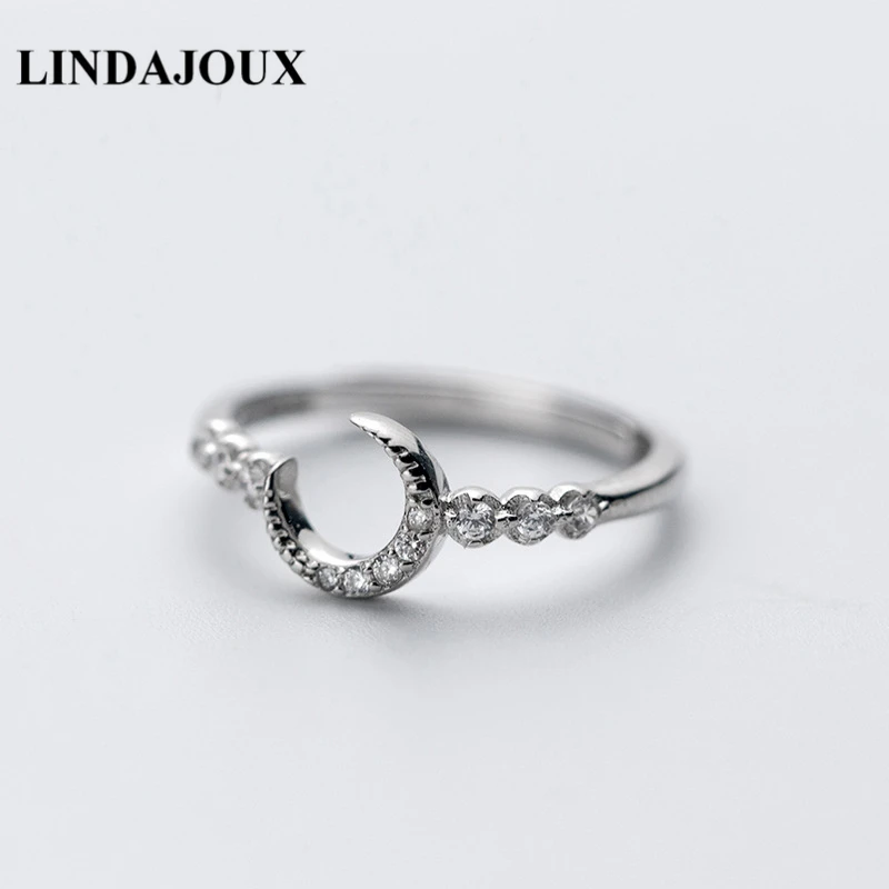 

LINDAJOUX 925 Sterling Silver Zircon Filled Moon Charm Open Ring For Women S925 Silver Wedding Engagement Rings